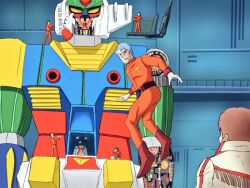  6+boys amuro_ray brown_hair commentary_request cosplay fineitogel furuya_tooru gundam koutetsu_jeeg mature_male mecha mobile_suit mobile_suit_gundam multiple_boys retro_artstyle robot rx-78-2_gundam science_fiction shiba_hiroshi shiba_hiroshi_(cosplay) short_hair super_robot v-fin voice_actor_connection yellow_eyes 