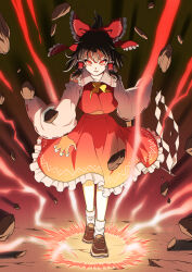  1girl angry ascot bow brown_hair brown_shoes closed_mouth commentary_request debris detached_sleeves frilled_bow frilled_hair_tubes frilled_skirt frills full_body glowing glowing_eyes gohei hair_bow hair_tubes hakurei_reimu highres holding holding_gohei inuno_rakugaki loafers long_hair looking_at_viewer red_bow red_eyes red_skirt ribbon-trimmed_sleeves ribbon_trim shoes skirt skirt_set socks solo touhou white_socks yellow_ascot 