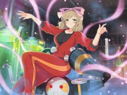  1girl beaker black_sports_bra blush bow breasts brown_hair bunsen_burner ceiling chemicals chemistry curled_ends curly_hair energy fire flask game_cg glass_jar green_eyes hair_bow haruka_(senran_kagura) holding hood hooded_jacket hooded_track_jacket indoors industrial_pipe jacket joints lab_burner_stand laboratory large_breasts light_particles looking_at_viewer mechanical_arms official_art pants pink_bow red_eyes red_jacket red_pants red_track_suit robot robot_joints round-bottom_flask science senran_kagura senran_kagura_new_link short_hair sitting sitting_on_robot smile solo sparkle sports_bra stasis_tank swept_bangs test_tube tile_ceiling tiles track_jacket track_pants track_suit tripod_(laboratory) vial 
