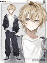  1other androgynous barcode bishounen black_pants black_shoes blonde_hair commentary crossed_bangs ear_piercing english_text eyelashes frown full_body grey_eyes hair_between_eyes hand_in_pocket highres jacket looking_at_viewer open_clothes open_jacket original pants piercing qr_code shirt shoes short_hair sneakers solo sweatpants tnpp_coc white_shirt zoom_layer 