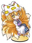  blonde_hair chibi dress fox_tail hands_in_sleeves hat hat_with_ears looking_at_viewer multiple_tails open_mouth shinjitsu short_hair smile solo tabard tail tail_chair touhou white_dress yakumo_ran yellow_eyes 