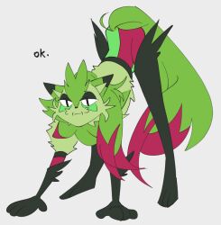  all_fours body_fur boots cat cat_boy commentary design_speculation drawfee english_commentary fakemon full_body furry furry_male green_fur green_hair karina_farek long_hair pokemon pokemon_(creature) simple_background sketch solo sprigatito_(karina_farek) tail thigh_boots 