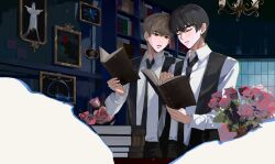  2boys absurdres bags_under_eyes black_hair black_necktie black_pants book book_stack brown_hair character_request closed_eyes ear_piercing flower flower_pot highres holding holding_book library looking_at_object male_focus meng_ziya multiple_boys necktie painting_(object) pants piercing real_life red_flower red_rose rose shirt short_hair stole white_shirt 