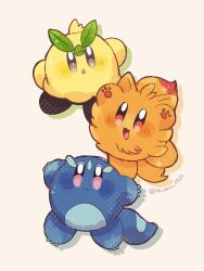  :3 brown_eyes browt commentary crossover drop_shadow fangs full_body gecqua guarani_(muku_6930) highres kirby kirby_(series) leaf open_mouth orange_fur pawpads pink_eyes pokemon pokemon_winds_and_waves pombon red_eyes smile starter_pokemon_trio twitter_username untranslatable_commentary yellow_fur 