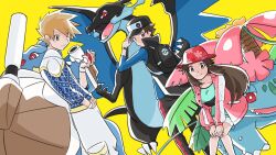  aqua_shirt backpack bag baseball_cap black_bag black_pants black_vest blastoise blue_oak blue_shirt blue_wings blue_wrist_cuffs breasts bright_pupils brown_eyes brown_hair charizard commentary_request green_(pokemon) hat hat_tip highres jacket leaning_forward long_hair looking_at_viewer mega_blastoise mega_charizard_x mega_venusaur multicolored_jacket open_mouth pants pink_jacket pokemon pokemon_(creature) pokemon_masters_ex pokenasi red_(pokemon) red_eyes red_hat shell shirt short_hair simple_background spiky_hair teeth two-tone_pants venusaur vest white_pants white_pupils wings wrist_cuffs yellow_background 