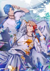  2boys absurdres arm_behind_head arm_out_of_frame axel_syrios blonde_hair blue_eyes blue_hair bracelet braid chain chain_bracelet chain_necklace commentary cup feet_out_of_frame floor green_eyes grey_pants grin hand_in_own_hair highres holding holding_cup hololive_super_expo_2026_outfit holostars holostars_english jacket jewelry knee_up long_sleeves lying lying_on_person male_focus multicolored_hair multiple_boys naizou_bug necklace official_alternate_costume open_clothes open_jacket paint paint_on_clothes paint_splatter paint_splatter_on_face pants red_hair red_streaks regis_altare shirt short_sleeves side_braid single_braid sitting smile streaked_hair teeth untranslatable_commentary virtual_youtuber white_jacket white_shirt 