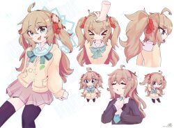  >_< 1girl absurdres aqua_bow aqua_bowtie artist_logo black_thighhighs blue_eyes bow bowtie brown_hair brown_sweater cardigan chibi closed_eyes dark_persona evil_neuro-sama feet_out_of_frame headpat highres logo long_hair long_sleeves looking_at_viewer multiple_views neuro-sama one_eye_closed open_mouth pleated_skirt ponytail school_uniform sitting skirt smile sweater thigh-highs troubleshooter_bun two_side_up vedal_ai virtual_youtuber white_background yellow_cardigan 