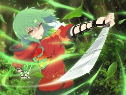  1girl :p arm_garter between_fingers blue_sky bush combat_knife day emblem falling_leaves flame_print forest game_cg grass green_hair hair_between_eyes hikage_(senran_kagura) holding holding_knife holding_weapon hood hooded_jacket jacket knife knives_between_fingers leaf light_particles looking_at_viewer machete medium_hair moss multiple_wielding nature non-web_source official_art outdoors pants plant red_jacket red_pants red_track_suit senran_kagura senran_kagura_new_link sky slit_pupils solo sparkle tongue tongue_out track_jacket track_pants track_suit tree upper_body weapon yellow_eyes 