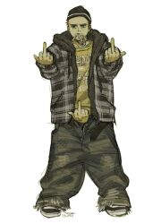  1boy baggy_clothes baggy_pants beard belt black_hat breaking_bad cigarette commentary dz_4589 facial_hair hat highres jacket jesse_pinkman middle_finger mustache pants shirt short_hair smoking smoking_pipe solo swag untranslatable_commentary yellow_shirt 