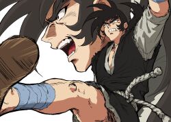  1boy arm_up beniazumaru black_hair clenched_teeth commentary_request dougi getter_robo highres karate kicking low_ponytail male_focus nagare_ryoma open_mouth ponytail rope_belt shin_getter_robo_vs_neo_getter_robo sideburns solo teeth thick_eyebrows v-shaped_eyebrows 