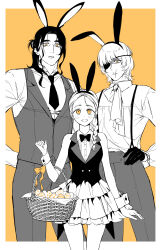  1girl 2boys absurdres animal_ear_hairband animal_ears arm_behind_back ascot badeni bare_shoulders basket black_bow black_bowtie black_gloves black_hair black_hairband black_necktie black_vest border bow bowtie braid breasts chi.:_chikyuu_no_undou_ni_tsuite chiiqwe collared_shirt commentary_request cowboy_shot easter easter_egg egg eyepatch fake_animal_ears frilled_skirt frills gloves grey_pants grey_vest hair_over_shoulder hairband half_updo hand_on_own_hip highres holding holding_basket jolenta korean_commentary light_blush long_hair looking_at_another medium_breasts monochrome multiple_boys necktie nontraditional_playboy_bunny oczy orange_background orange_bow orange_eyes pants parted_bangs parted_lips rabbit_ear_hairband rabbit_ears scar scar_on_face scar_on_mouth scar_on_nose shirt short_hair single_braid skirt smile suspenders vest waistcoat white_ascot white_border white_shirt white_wrist_cuffs wrist_cuffs 