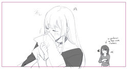  2girls alpha_symbol blush cho_kaguya-hime! choker closed_eyes collarbone crossed_arms english_text facing_another highres hinagi_(fox_priest) holding holding_unworn_clothes long_hair medium_hair multiple_girls omega_symbol omegaverse runami_yachiyo sakayori_iroha sketch smelling smelling_clothes squeans squiggle sweat upper_body white_background yuri 