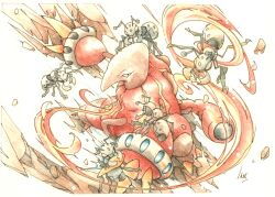  antennae bug claws commentary_request debris durant fire full_body heatmor highres inori_(pokemoart) mandibles no_humans pokemon pokemon_(creature) pokemon_focus signature white_background 