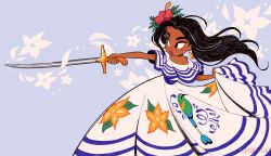  absurdres amie_sanchez black_hair blue_background commentary dancer dark_skin floral_print flower hibiscus highres holding_own_skirt latina nicaragua original spanish_clothes sword thick_eyebrows weapon wind wind_lift 