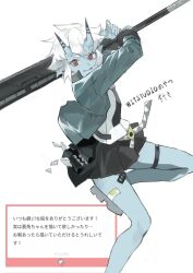  1girl black_neckerchief black_skirt blue_horns blue_jacket blue_oni blue_skin colored_skin commentary_request hair_between_horns highres holding holding_weapon horns jacket leg_up marshmallow_(site) multicolored_horns neckerchief oni pointy_ears red_eyes request_inset shirt simple_background skin-covered_horns skirt solo soukaku_(zenless_zone_zero) tongue tongue_out translation_request two-tone_horns weapon white_background white_hair white_shirt zen_yasai zenless_zone_zero 