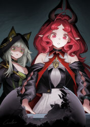  2girls absurdres animal_ear_headwear animal_ears arknights bare_shoulders black_jacket black_robe breasts broken cat_ears cat_girl commentary_request cropped_jacket curious curly_hair demon_girl demon_horns dress ears_through_headwear from_below green_dress green_eyes green_hair highres hood hood_up hooded_robe horns jacket kal'tsit_(arknights) kal'tsit_(boss)_(arknights) long_hair looking_at_object looking_at_viewer looking_down medium_breasts multiple_girls nymph_(arknights) off-shoulder_jacket off_shoulder open_clothes open_jacket red_eyes red_hair robe sleeveless sleeveless_dress surprised very_long_hair welt_(kinsei_koutenkyoku) white_dress 