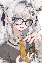  1girl 87yanagi ahoge animal_ear_fluff animal_ears aqua_eyes artist_name blush brown_sweater_vest collared_shirt commentary_request dated fang fingernails fox_ears fox_girl glasses grey_shirt hair_intakes hair_ornament hair_ribbon highres hololive long_hair long_sidelocks long_sleeves looking_at_viewer necktie official_alternate_costume official_alternate_hairstyle open_mouth orange_necktie paw_print rectangular_eyewear ribbon school_uniform shirakami_fubuki shirakami_fubuki_(11th_costume) shirt sidelocks signature solo star_(symbol) sukonbu_(shirakami_fubuki) sweater_vest upper_body virtual_youtuber white_hair 