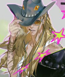  1boy arm_up black_nails bracelet cigarette cowboy_hat fate/grand_order fate_(series) haemooowo hat hat_tip jewelry looking_at_viewer male_focus multiple_bracelets open_mouth portrait shirt solo star_(symbol) sunglasses teeth tezcatlipoca_(fate) tezcatlipoca_(wild_gunman)_(fate) white_shirt 
