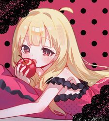  1girl ahoge apple bare_arms biting blonde_hair blush cho_kaguya-hime! commentary_request dot_nose eyelashes fingernails food frilled_nightgown frills fruit highres holding holding_food holding_fruit kaguya_(cho_kaguya-hime!) long_hair lying nightgown on_stomach open_mouth outstretched_arm pillow pink_background pink_eyes pink_nightgown pink_pillow polka_dot polka_dot_background polka_dot_nightgown sidelocks single_bare_shoulder sleeveless solo sundi3d 