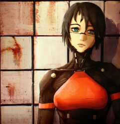  1girl absurdres android black_hair blue_eyes commentary elster_(signalis) expressionless highres looking_at_viewer red_pupils renko_040 short_hair signalis silent_hill_(series) silent_hill_3 skin_seams solo tile_wall tiles upper_body 