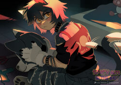  1girl afterimage alternate_costume androgynous animal_ears black_choker black_hair black_shirt blush body_fur cat_ears cat_girl cat_tail chain chain_necklace choker commentary denim dungeon_meshi embarrassed english_commentary fang furry_(fandom) fursuit hair_between_eyes holding indian_style indoors izutsumi jeans jewelry looking_at_viewer necklace off-shoulder_shirt off_shoulder paid_reward_available pants shirt sitting skeleion solo sweat tail torn_clothes torn_pants triple_moon_goddess watermark yellow_eyes 