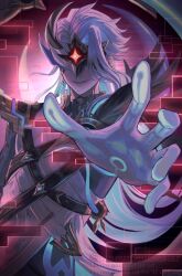  1boy absurdres armor artist_name asymmetrical_hair blue_bodysuit blue_hair bodysuit cable chest_harness coat colored_extremities commentary_request covered_eyes crescent dottore_(genshin_impact) dottore_(heretic_of_the_false_moon)_(genshin_impact) earrings evil_grin evil_smile eye_mask feather_trim genshin_impact glitch gold_trim grin harness highres hoop_earrings jewelry long_hair male_focus mask outstretched_arm parted_lips pauldrons reaching reaching_towards_viewer shoulder_armor single_pauldron smile solo teeth twitter_username umeumeumestar very_long_hair watermark white_coat 