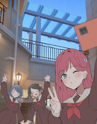  3girls arm_up black_hair black_pantyhose blue_eyes blue_hair brown_dress cellphone colored_tips commentary_request double_bun dress hair_bun hair_ornament hasu_no_sora_school_uniform holding holding_hands holding_phone kinjou_maika link!_like!_love_live! long_sleeves love_live! medium_dress medium_hair multicolored_hair multiple_girls neckerchief no_cardigan o3o one_eye_closed outdoors pantyhose phone photo_background pink_hair pleated_dress red_hair red_neckerchief reizawa_aoi sailor_collar sailor_dress school_uniform selfie shirin_mion short_hair smartphone soyo1558686 two_side_up upper_body v white_sailor_collar winter_uniform 