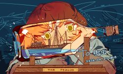  1girl absurdres blue_background blue_necktie boat collared_shirt commentary_request dated freckles green_eyes hand_on_own_face head_rest highres ishmael_(district_21_resident)_(project_moon) ishmael_(project_moon) kgdjeisk limbus_company looking_at_object model_ship necktie official_alternate_costume orange_hair project_moon ship ship_in_a_bottle shirt short_hair simple_fish sleeves_rolled_up solo upper_body watercraft watermark white_shirt 