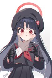  1girl 1other absurdres artist_logo beret black_choker black_gloves black_hair black_hat black_sailor_collar black_serafuku blue_archive blush cheek_squash choker dan_nako disembodied_hand gloves halo hand_on_another's_cheek hand_on_another's_face hat highres justice_task_force_member_(blue_archive) logo long_hair long_sleeves neckerchief parted_lips red_eyes red_halo red_neckerchief sailor_collar school_uniform serafuku simple_background skirt solo_focus upper_body white_background 