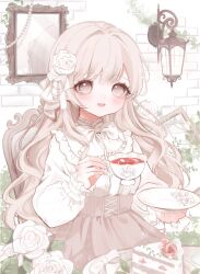  1girl beads bow bowtie breasts brick_wall brown_eyes brown_hair cake cake_slice center_frills chair cup flower food frilled_shirt_collar frills hair_bow hair_flower hair_intakes hair_ornament highres holding holding_cup holding_plate konkave_linse light_particles long_hair long_sleeves looking_at_viewer making-of_available mirror on_chair open_mouth original pink_flower pink_rose pink_skirt plant plate puffy_long_sleeves puffy_sleeves reflection rose round_table shirt_tucked_in sitting skirt small_breasts solo table teacup teeth upper_body upper_teeth_only vines wall_lamp wavy_hair white_bow white_bowtie white_flower white_rose 