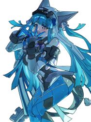  1girl arknights arknights:_endfield bare_shoulders bell blue_hair blue_suit blush clothing_cutout commentary_request covered_horns hands_on_own_face highres horns kanisakiclub last_rite_(arknights) long_hair looking_to_the_side open_clothes shy simple_background suit tail twintails white_background 