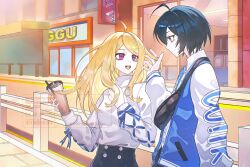  1boy 1girl :d ahoge akamatsu_kaede bag black_hair black_skirt blue_bow blue_jacket bow bubble_tea closed_mouth danganronpa_(series) danganronpa_v3:_killing_harmony hair_ornament highres jacket kimioharuka long_sleeves looking_at_another musical_note musical_note_hair_ornament outdoors pale_skin pink_eyes profile saihara_shuichi shirt_tucked_in short_hair skirt smile teeth upper_teeth_only white_bow white_jacket 