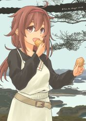  1girl absurdres alternate_sleeve_length belt black_sweater blue_sky brown_eyes brown_hair commentary_request cookie day dress food hair_flaps hairband highres kantai_collection long_hair low_twintails outdoors photo_background pot-de red_hairband shiratsuyu_(autumn)_(kancolle) shiratsuyu_(kancolle) shiratsuyu_kai_ni_(kancolle) sky smile solo sweater twintails white_belt white_dress 