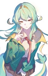  1girl blonde_streaks brown_skirt cardigan commentary_request finger_to_cheek green_cardigan green_hair gyaru_snivy_(makaroni) hand_up highres leaning_forward long_hair long_sleeves looking_at_viewer luna_sakurazuki multicolored_hair narrowed_eyes necktie open_cardigan open_clothes open_mouth orange_eyes personification pokemon pokemon_pokopia pokemon_tail red_necktie shirt simple_background skirt snivy streaked_hair tail white_background yellow_shirt 