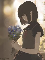  1girl amakura_mayu black_shirt blue_flower blurry blurry_background bouquet brown_camisole brown_eyes brown_hair camisole camisole_over_clothes closed_mouth commentary_request dated evening expressionless fatal_frame fatal_frame_ii:_crimson_butterfly flower flwct from_side hands_up highres holding holding_bouquet looking_at_flowers looking_down outdoors profile red_ribbon ribbon shirt short_hair short_sleeves sidelighting solo standing twitter_username upper_body 