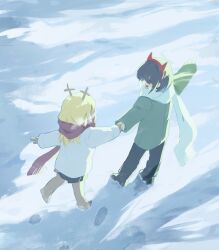  1girl 1other 5x5fo animal_ears antlers blonde_hair brown_hair child coat cold commentary_request deer_antlers deer_ears deer_girl deltarune footprints furry furry_female green_coat highres horns kris_(deltarune) long_hair long_sleeves looking_at_another noelle_holiday pointing pointing_forward red_eyes red_scarf scarf smile snow utdr_(toby_fox) white_coat white_scarf winter_clothes winter_coat 