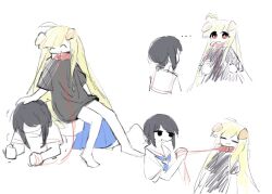  2girls ^_^ animal_collar animal_ears black_shirt blue_skirt cho_kaguya-hime! closed_eyes collar dog_ears hand_on_another's_head highres holding holding_leash kaguya_(cho_kaguya-hime!) kilocalories leash long_hair long_shirt looking_at_another multiple_girls multiple_views open_mouth planking pleated_skirt sailor_collar sakayori_iroha shirt short_sleeves sitting sitting_on_person sketch skirt smile trembling very_long_hair white_background 