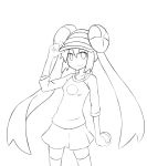  alternate_legwear double_bun drawfag female_protagonist_(pokemon_bw2) greyscale holding holding_poke_ball lineart long_hair mei_(pokemon) monochrome poke_ball pokemon pokemon_(game) pokemon_bw2 raglan_sleeves skirt solo twintails visor_cap 