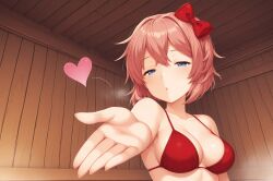  1girl artist_request bikini blowing_kiss blue_eyes bow breasts doki_doki_literature_club eyelashes hair_bow hair_intakes heart indoors pink_hair red_bikini red_bow sayori_(doki_doki_literature_club) short_hair solo swimsuit 