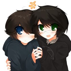  >:) +++ 1990s_(style) 2boys :d adam_lanza ahoge animification arm_at_side black-framed_eyewear black_hair black_jacket blue_eyes blue_jacket blush brown_hair closed_mouth collared_shirt commentary english_commentary eyes_visible_through_hair fang faux_retro_artstyle glasses green_eyes grey_shirt hair_between_eyes hand_on_another's_arm hand_up highres holding_hands hood hood_down hooded_jacket jacket long_sleeves looking_at_viewer male_focus multiple_boys nvrhrt one_eye_closed open_mouth plaid_clothes plaid_shirt puffy_long_sleeves puffy_sleeves real_life rectangular_eyewear retro_artstyle robert_hawkins shirt short_hair simple_background skin_fang smile sweatdrop swept_bangs tongue true_crime upper_body v-shaped_eyebrows white_background 