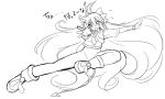  1girl absurdly_long_hair demon_tail gomamiso_sti looking_at_viewer miwajou monochrome open_mouth original outstretched_arms simple_background solo tail translation_request white_background 