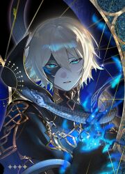  1boy absurdres black_cloak black_gloves black_mask black_shirt blonde_hair blue_cloak blue_eyes cloak covered_collarbone cropped_torso dainsleif_(genshin_impact) genshin_impact gloves gold_trim hair_between_eyes half-closed_eyes half_mask hand_up highres lips long_sleeves looking_at_viewer magic male_focus mask moemoenomori shirt short_hair snake solo star_(symbol) teeth turtleneck turtleneck_shirt two-sided_cloak two-sided_fabric 