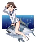  bare_legs blush brown_eyes brown_hair fish hi-ho- looking_away miyafuji_yoshika no_pants no_socks ocean riding school_swimsuit school_uniform serafuku shoes short_hair sitting smile solo straddle strike_witches swimsuit swimsuit_under_clothes tuna underwater uniform 