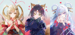  3girls animal_ears bare_shoulders black_hair blue_eyes blush cho_kaguya-hime! commentary_request facial_mark female_pov forehead_mark fox_ears green_eyes guided_hand_on_cheek guiding_hand hair_ornament hair_rings hair_stick hand_on_another's_cheek hand_on_another's_face heart highres kinokohime layered_sleeves long_hair long_sleeves multiple_girls open_mouth pov pov_hands purple_nails runami_yachiyo sakayori_iroha twintails upper_body white_hair yuri 