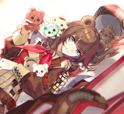 1girl absinthe_(arknights) animal_ears arknights bear_ears blue_eyes blurry blurry_foreground brown_hair brown_hat brown_sleeves character_doll commentary detached_sleeves doll five-fall fur_hat fur_trim gummy_(arknights) hat highres holding holding_stuffed_toy istina_(arknights) leto_(arknights) looking_at_viewer lying multicolored_hair neckerchief on_side papakha red_hair red_neckerchief rosa_(arknights) single_detached_sleeve smile streaked_hair stuffed_animal stuffed_toy teddy_bear untranslatable_commentary unworn_headwear upper_body zima_(arknights) zima_the_raging_tide_(arknights) 