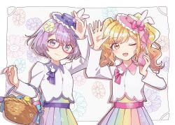  :d aikatsu!_(series) aikatsu_stars! basket blonde_hair collared_shirt commentary easter_egg egg floral_background glasses hands_up hat highres holding holding_basket holding_egg long_hair long_sleeves looking_at_viewer momomiya_(mm_mydraw2) multicolored_hair nanakura_koharu nijino_yume open_mouth pink-framed_eyewear pink_hat pleated_skirt purple_hair purple_hat purple_skirt semi-rimless_eyewear shirt short_hair skirt smile twintails under-rim_eyewear untranslatable_commentary violet_eyes white_shirt 