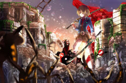  1girl brown_hair building cancer_(heaven_burns_red) commentary_request dual_wielding hair_over_one_eye heaven_burns_red highres holding holding_sword holding_weapon kayamori_ruka matsufox necktie one_eye_covered over_shoulder red_eyes red_necktie rubble school_uniform short_hair socks sword weapon weapon_over_shoulder 