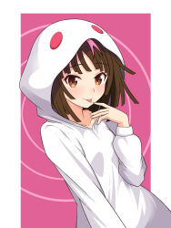  1girl absurdres blue_komett brown_eyes brown_hair highres hood hooded_pajamas monogatari_(series) pajamas sengoku_nadeko short_hair solo spiral_background tongue tongue_out white_pajamas 