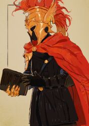  1boy arm_guards armor black_tunic book cape cowboy_shot d3rlord3 galea_helmet helmet highres holding holding_book knight littlekhada7 male_focus red_cape searching_for_a_world_that_doesn't_exist solo tunic 