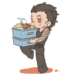  1boy arm_tattoo black_hair black_pants black_shirt cabbage carrying chibi facial_hair final_fantasy final_fantasy_xv food gladiolus_amicitia groceries luminous_slime male_focus pants paper scar scar_on_face shirt shopping_list short_hair sleeveless sleeveless_shirt tattoo tomato white_background 